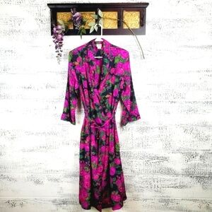 Vintage Courtenay Floral Satin Robe Sz M Lounge Kimono Belted Cottagecore Glam